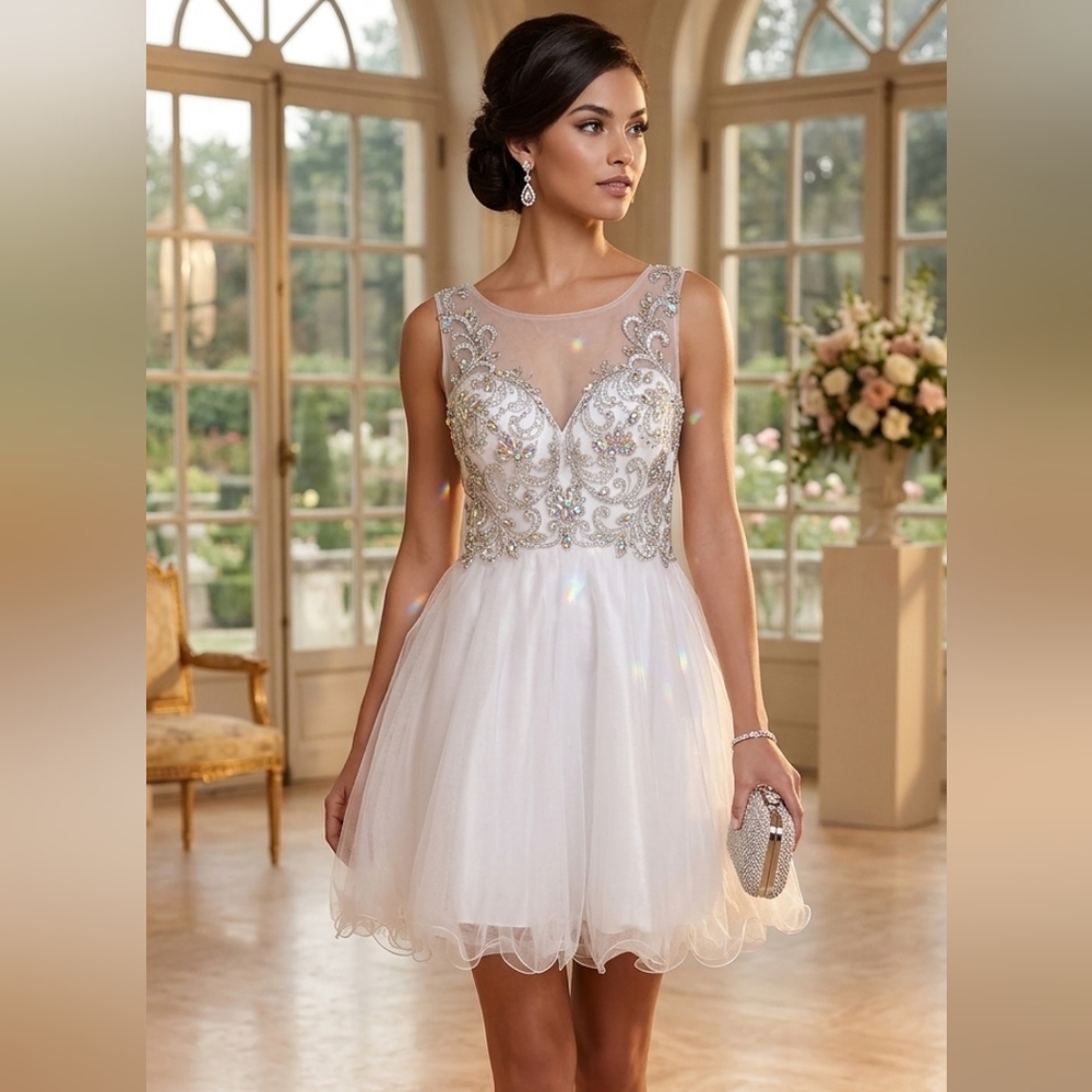 May Queen White Embellished Mini Dress with Silver Beading
